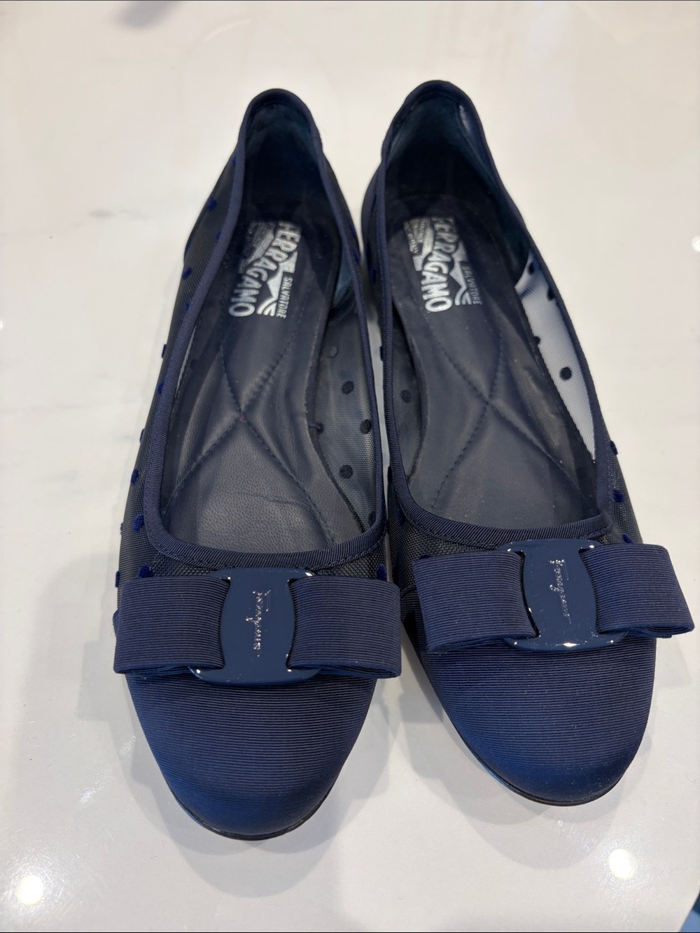 Salvatore Ferragamo Navy Bow Mesh Ballet Flats